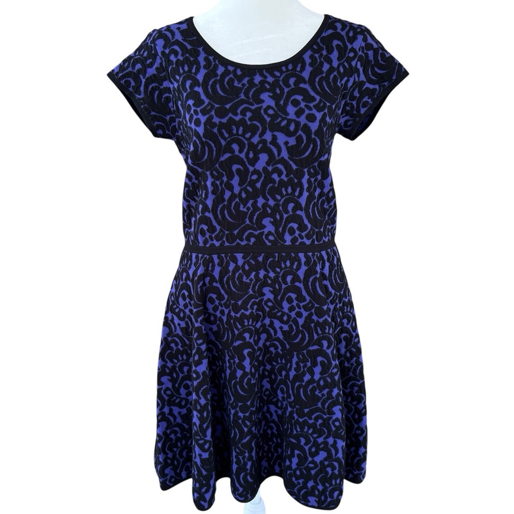 Milly Black Violet Knit Jacquard Flare Sweater Dress Womens L‎ Fairy Whimsigoth